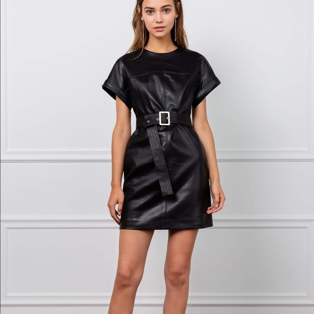 Sally Black Vegan Leather Belted Dress - J.ING